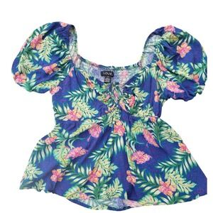 Love Tropical Hibiscus Floral Puff Sleeve Tie Front Smocked Back Top Blue Medium